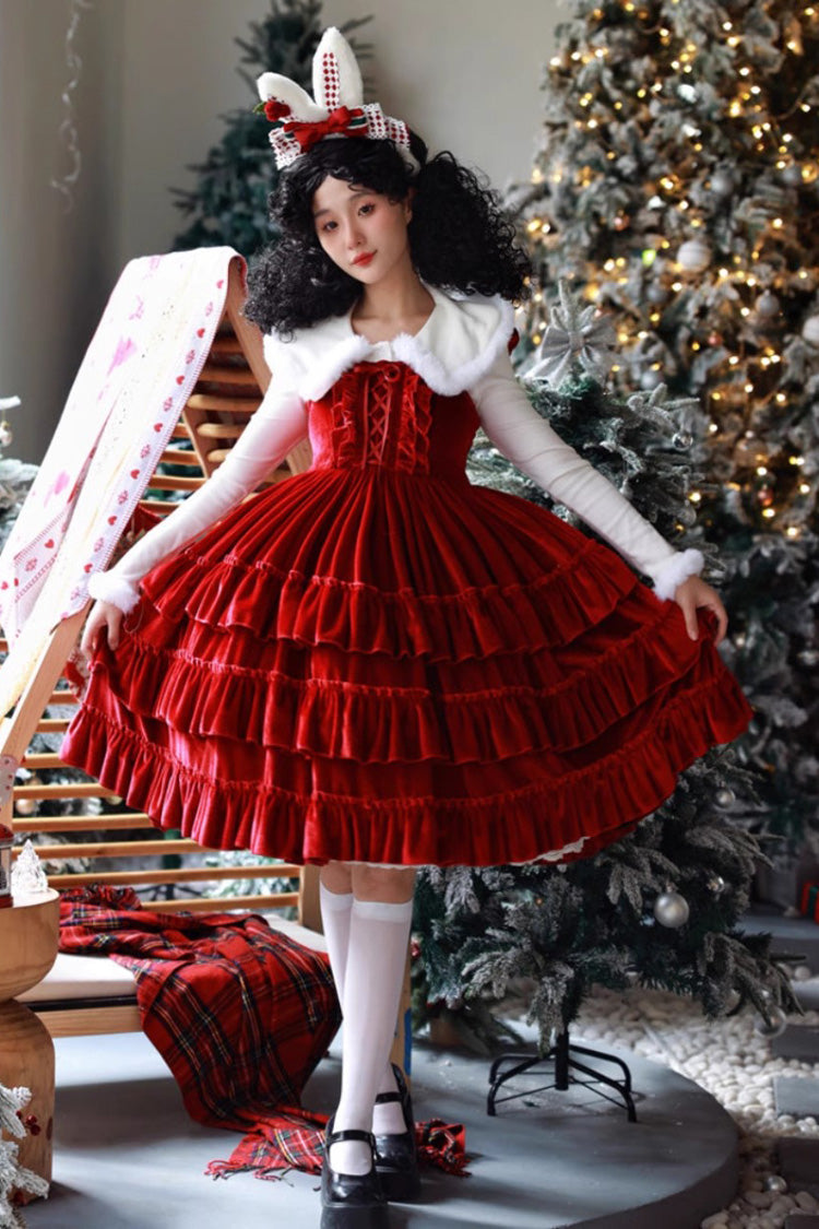 Multi-Tier Lace-Up Gothic JSK with Ruffles - Sponge Cake