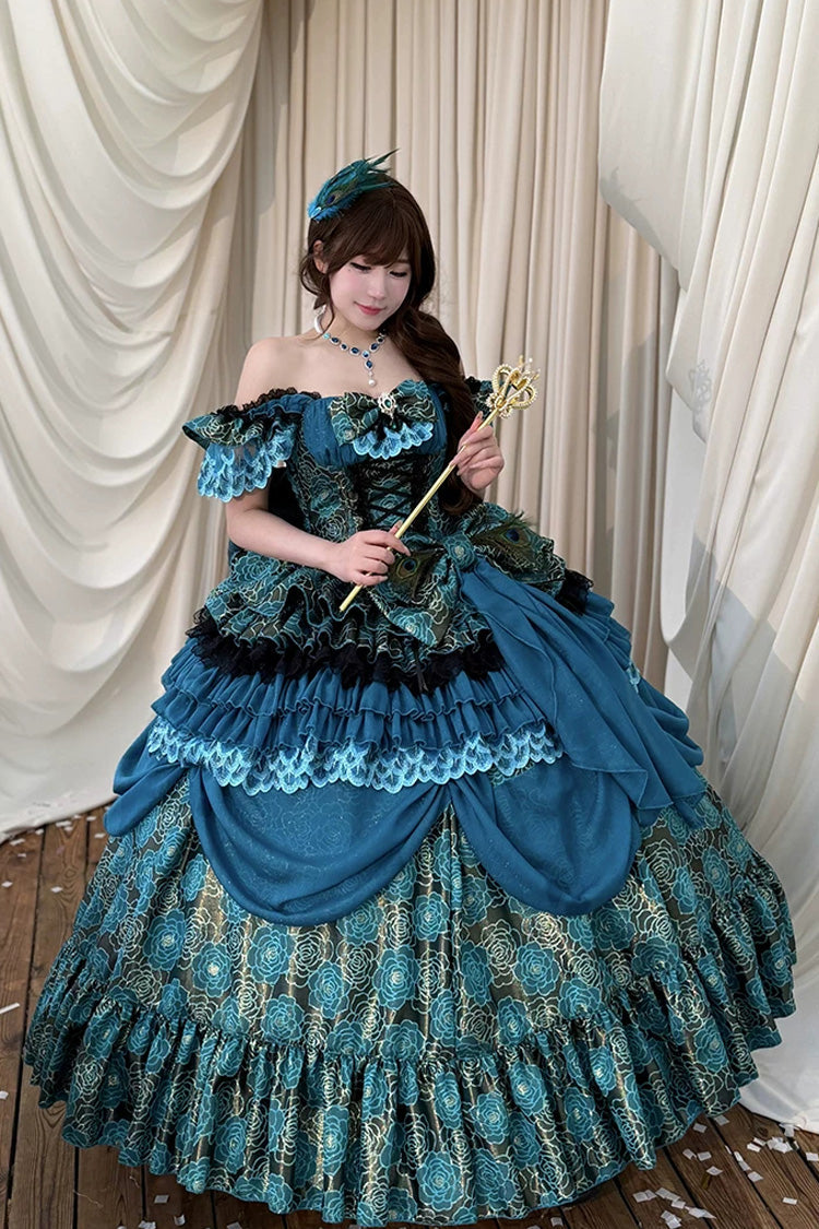 Peacock Sleeveless Ruffled Bow Lace-Up Elegant Lolita JSK - Blue/Green