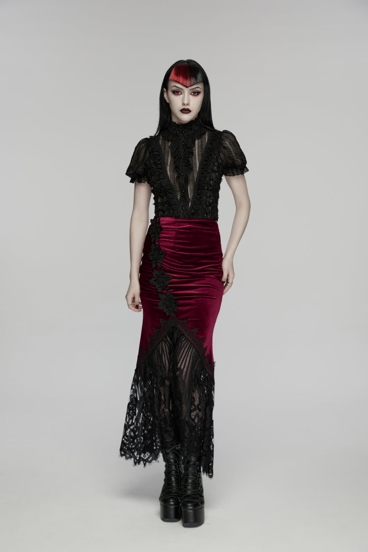 Crimson & Noir Embroidered Lace Fishtail Velvet Skirt with Slim Fit