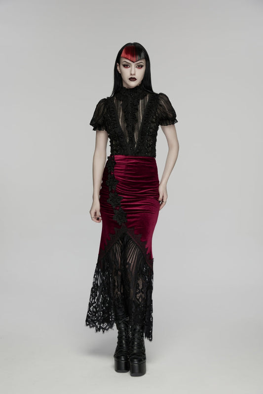 Crimson & Noir Embroidered Lace Fishtail Velvet Skirt with Slim Fit