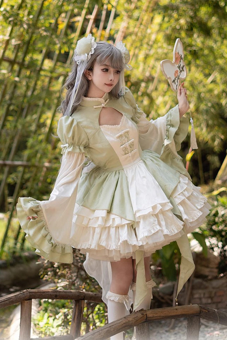 Emerald Trumpet-Sleeve Chinese-Style Lolita JSK Set with Bow and Lace