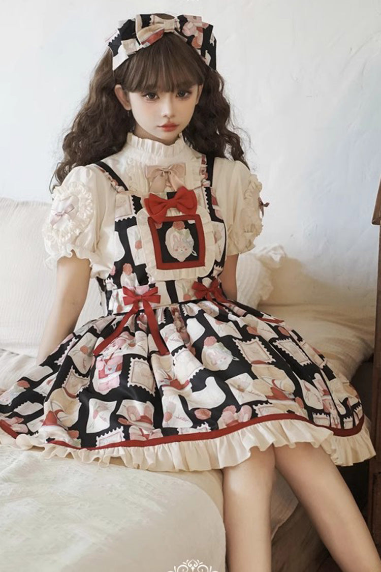 Rabbit Letter Print Ruffle Bow Sweet Princess Lolita Strap Dress
