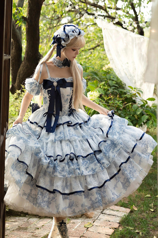 Cerulean and Ivory Sleeveless Bow Print Chinese Classic Sweet Lolita JSK Long Dress with Fishbone Details