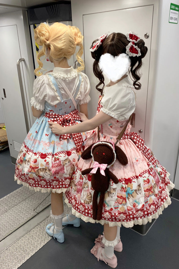 Sleeveless Bow Lace Sweet Lolita Strap Dress with Print - Strawberry Cake Kitty