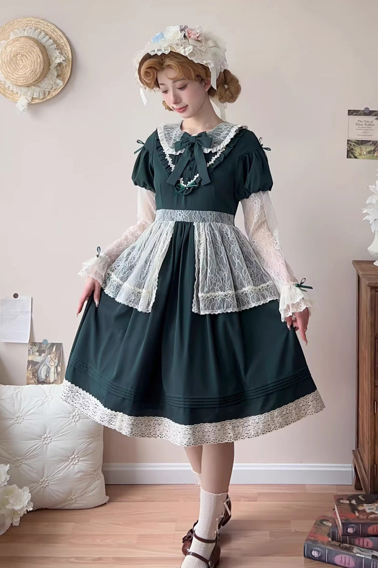 Lapel Collar Long Sleeve Embroidery Bow Lace Sweet Lolita Dress - Green