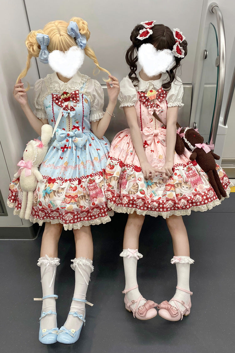 Sleeveless Bow Lace Sweet Lolita Strap Dress with Print - Strawberry Cake Kitty