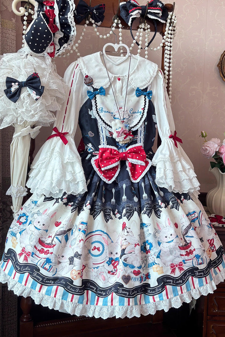 Sleeveless Print Ruffle Bowknot Lace Sweet Lolita Jsk Dress Black