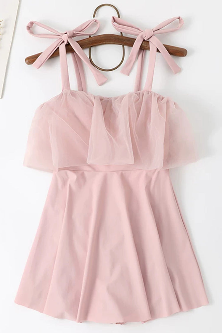 Pink Sleeveless Ruffled Lace-Up Japanese Sweet One-Piece Swimsuit