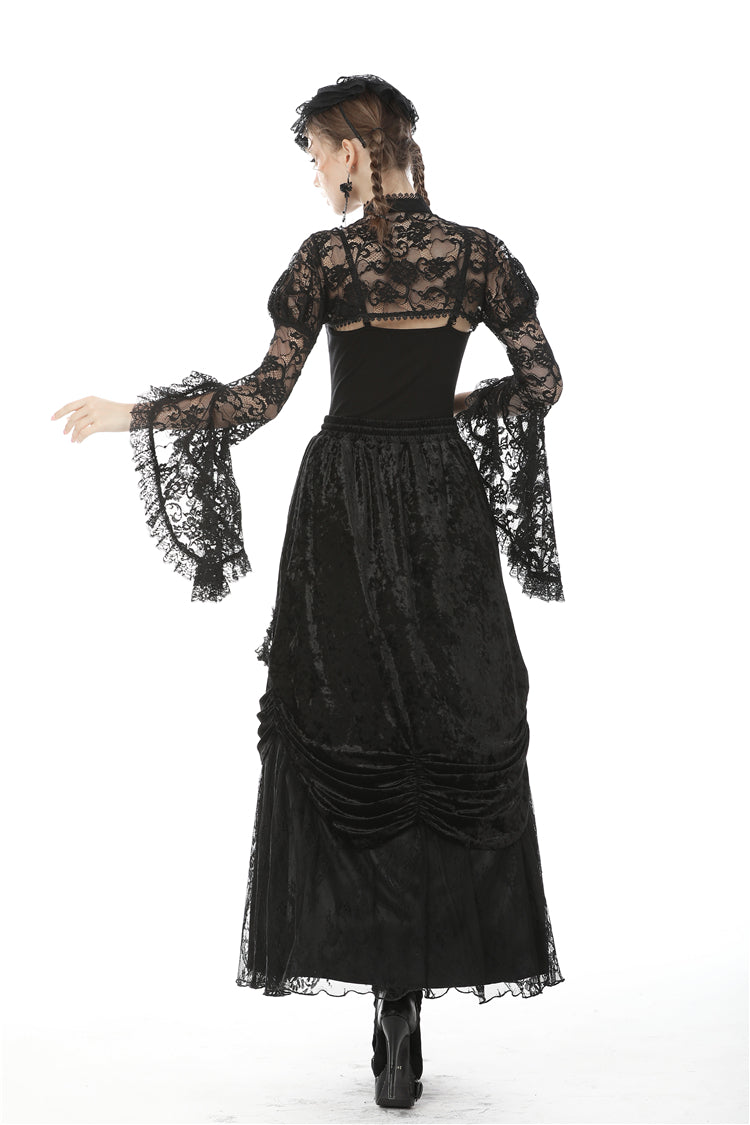 Jet-Black Gothic Cape with Sheer Floral Lace and Lacing for Women