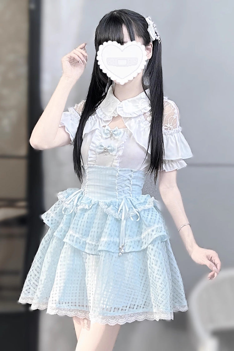 White/Blue Short Sleeve Double-Layered Ruffle Hollow Bowknot Lace-Up Jirai Kei Japanese Mini Set