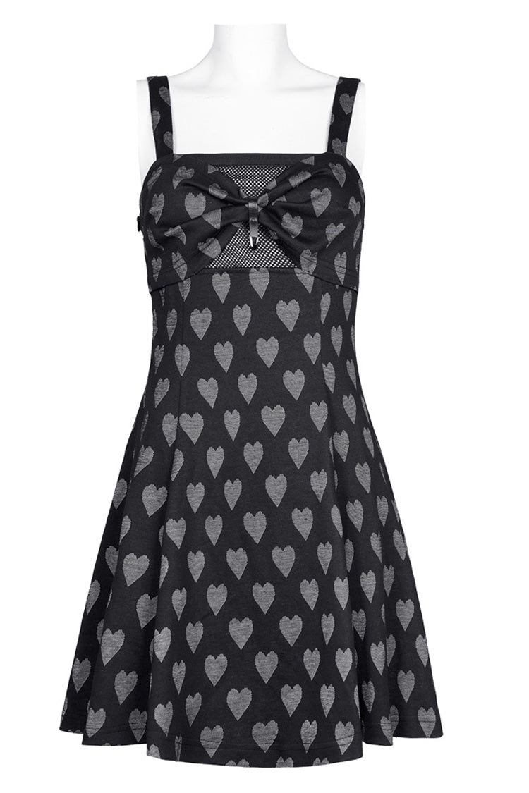 Heart Print Suspender Hollow Mesh PU Buckle Bow Dress - Punk