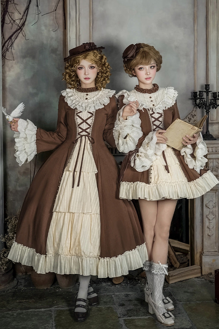 Brown Beige Nutcracker Stand Collar Long Trumpet Sleeves Ruffle Cardigan Lace-Up Sweet Lolita Dress Set