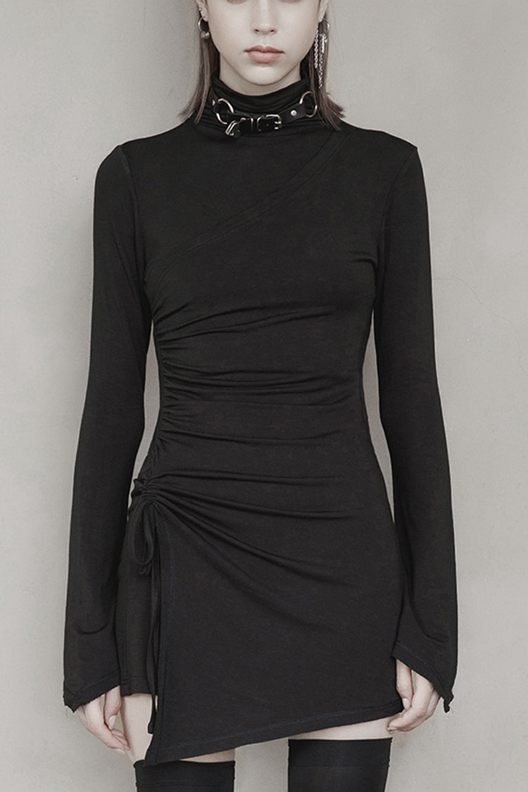 Cashmere Knit Cross Fold Tie High Collar Pleated Punk Dress