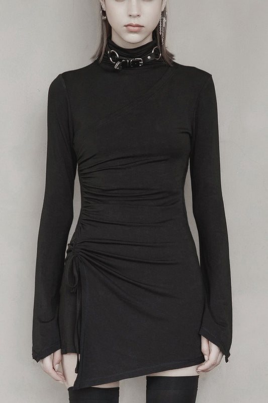 Cashmere Knit Cross Fold Tie High Collar Pleated Punk Dress