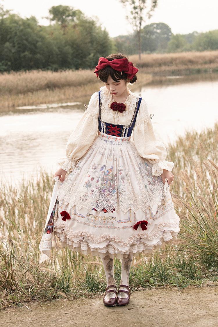 Cream Ode to Plenty Berry Bird Print Velvet Bow Frilled Classic Lolita Corset JSK Dress