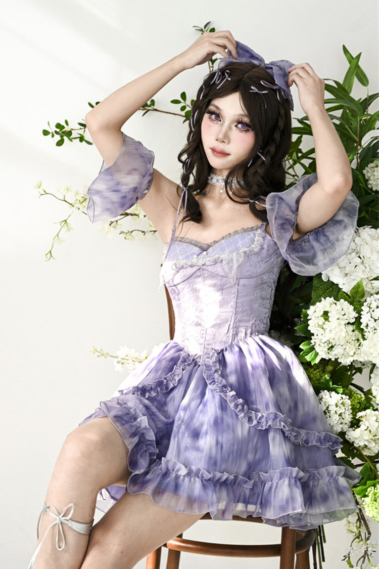 Teal Tie-Dyed Print Two-Piece Sweet Princess Jumper Dress with Lace