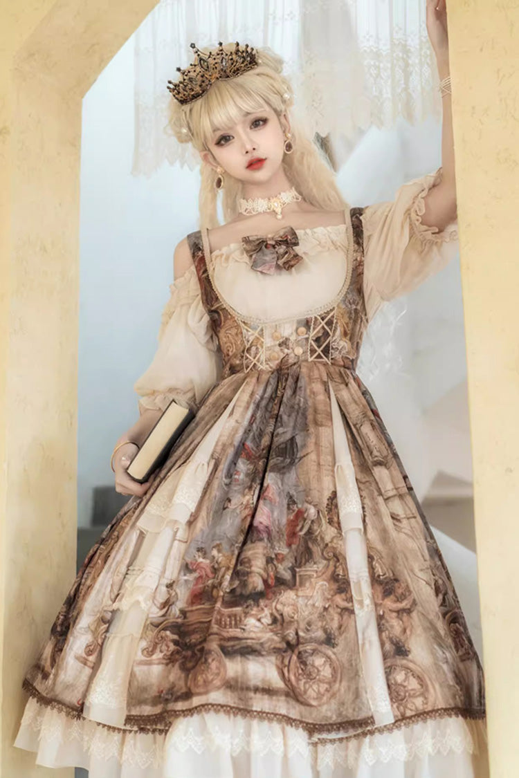 Oil Painting Bowknot Lace Elegant Palace JSK in Brown