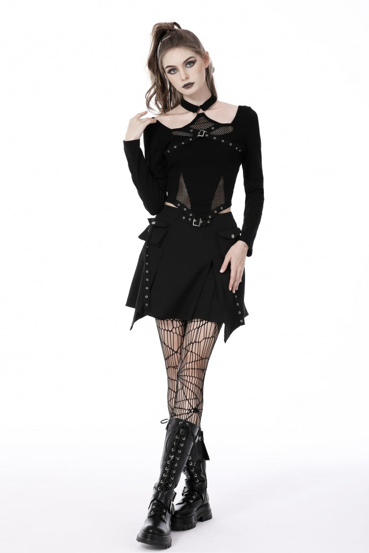 Trendy Black Eyelet Mesh Splice Long Sleeve Halter Punk Crop Top