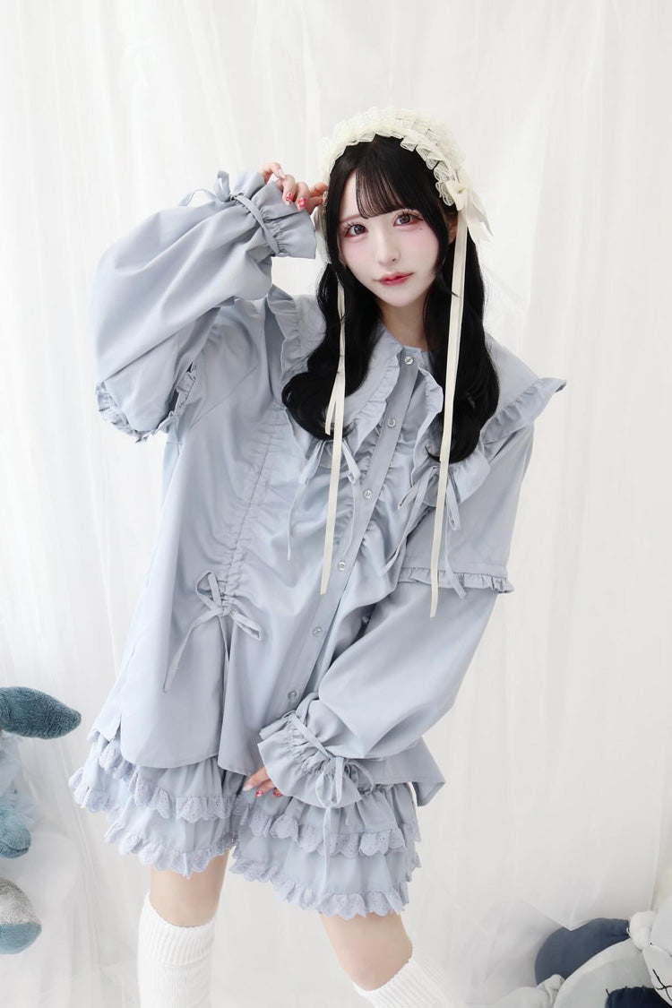 Japanese Blouse with Doll Collar, Long Sleeves, Ruffles, and Bow, 3 Colors