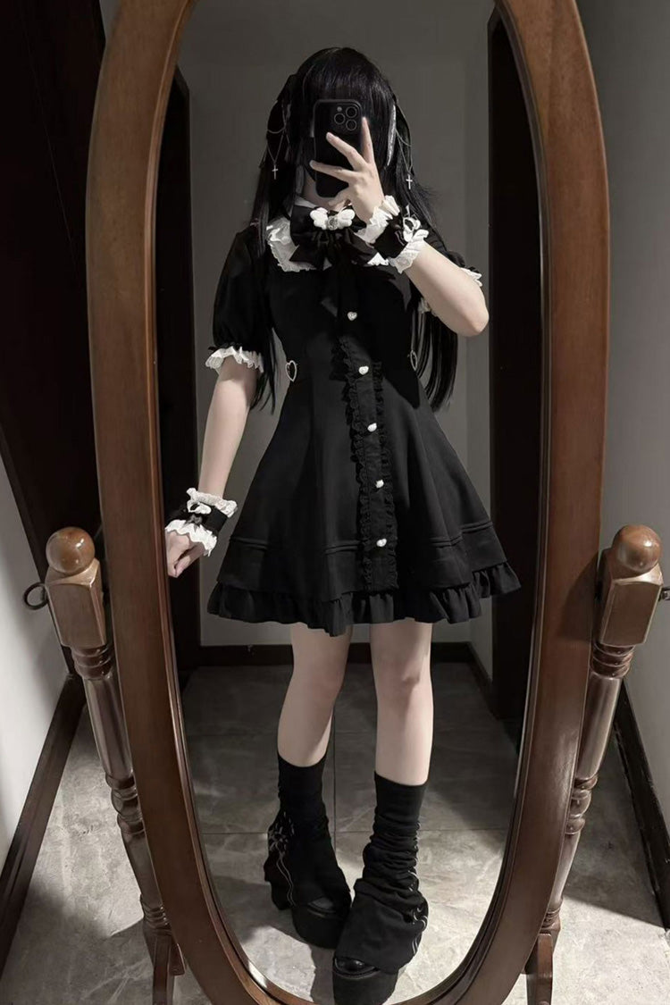 Black Angel Creed Ruffled Bow Stitched Lace Gothic College-Style Dress