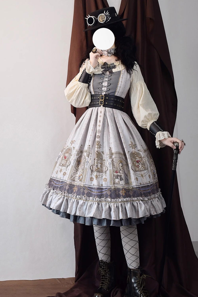Lantern-Sleeved Lolita Dress with Ruffled Demon Print