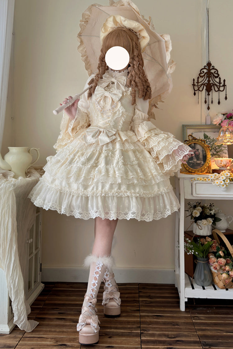 Apricot Sweet Lolita JSK Dress with Multi-Layer Ruffles Bowknot Lace and Pearl Accents