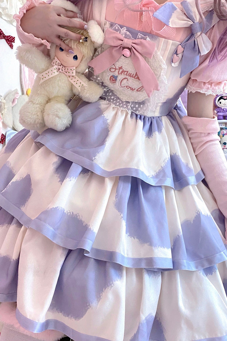 Azure Cow-Print Bowknot Sweet JSK with Triple Ruffles
