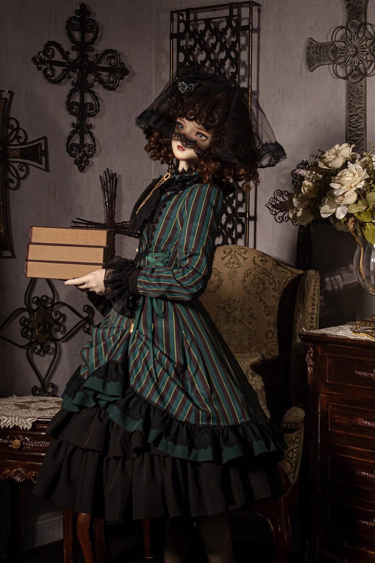 Point Manor Stand Collar Long Sleeves Multi Layer Striped Printed Ruffle Gothic Lolita Dress