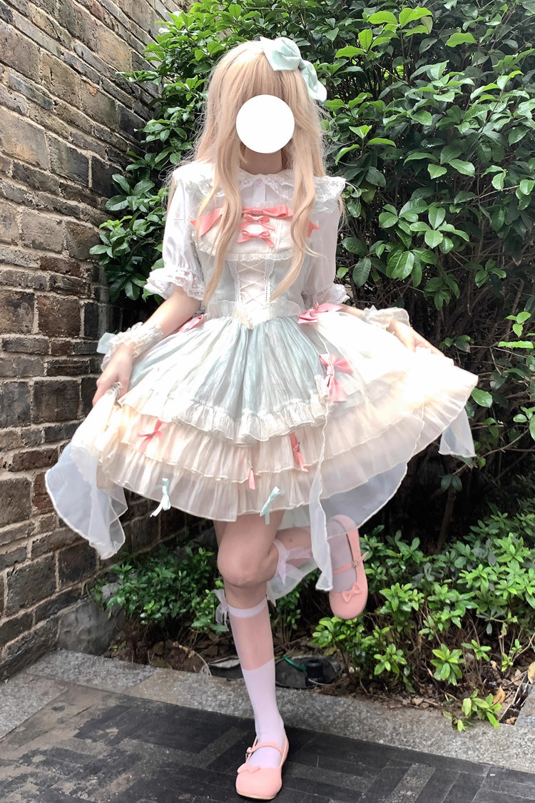 Sleeveless Triple-Layer Ruffle Bow Lace Sweet Princess Lolita Jumper Dress - Green