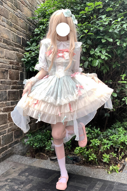 Sleeveless Triple-Layer Ruffle Bow Lace Sweet Princess Lolita Jumper Dress - Green