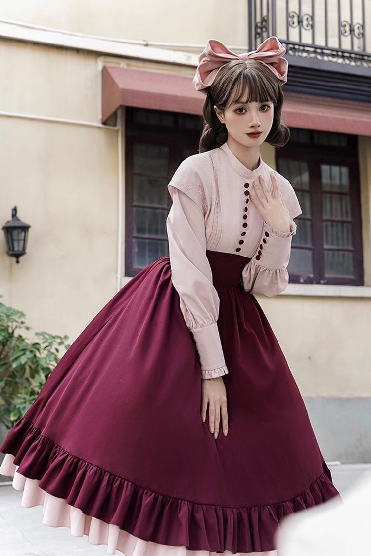 Elegant Rose-Embroidered Long-Sleeve Ruffle Bow Dress with Faux Two-Piece Style in 2 Shades