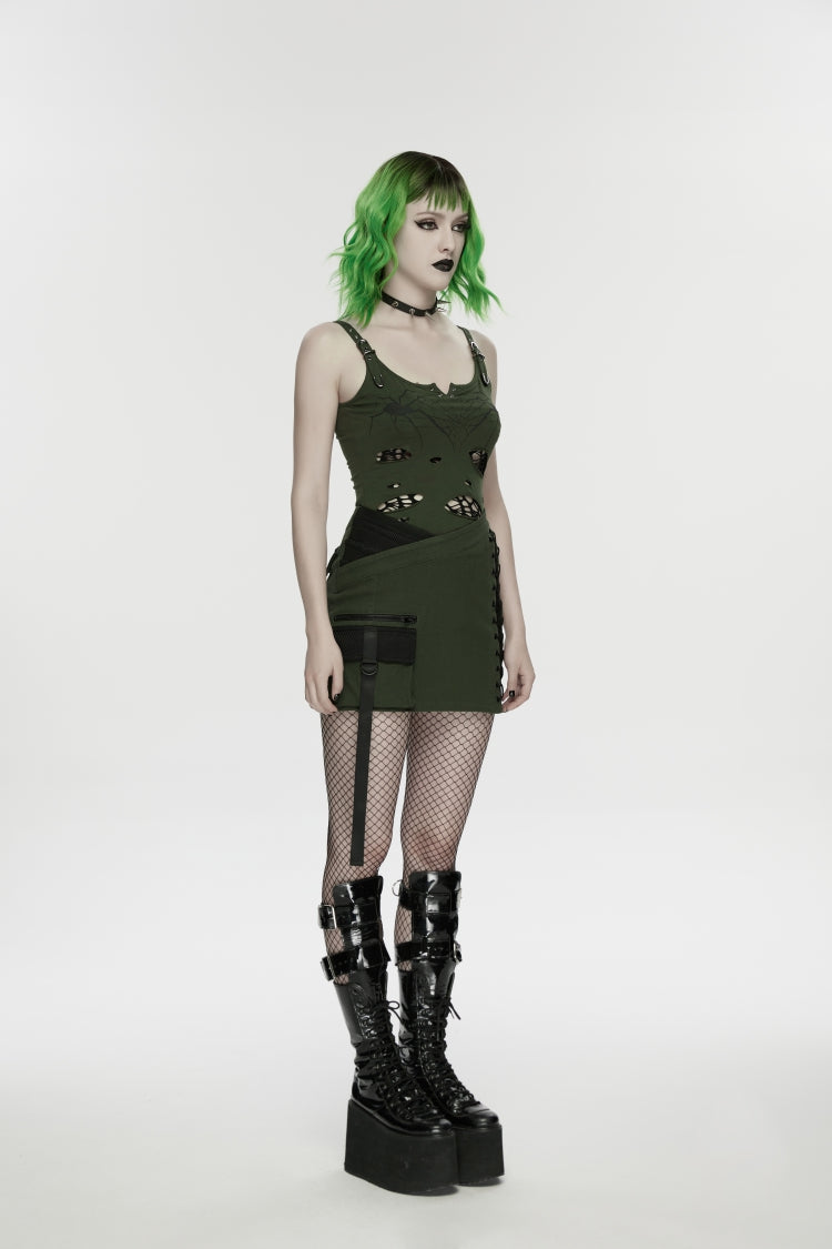 Off Shoulder Slim Ripped Buckled Spider Web Print Vest - Punk
