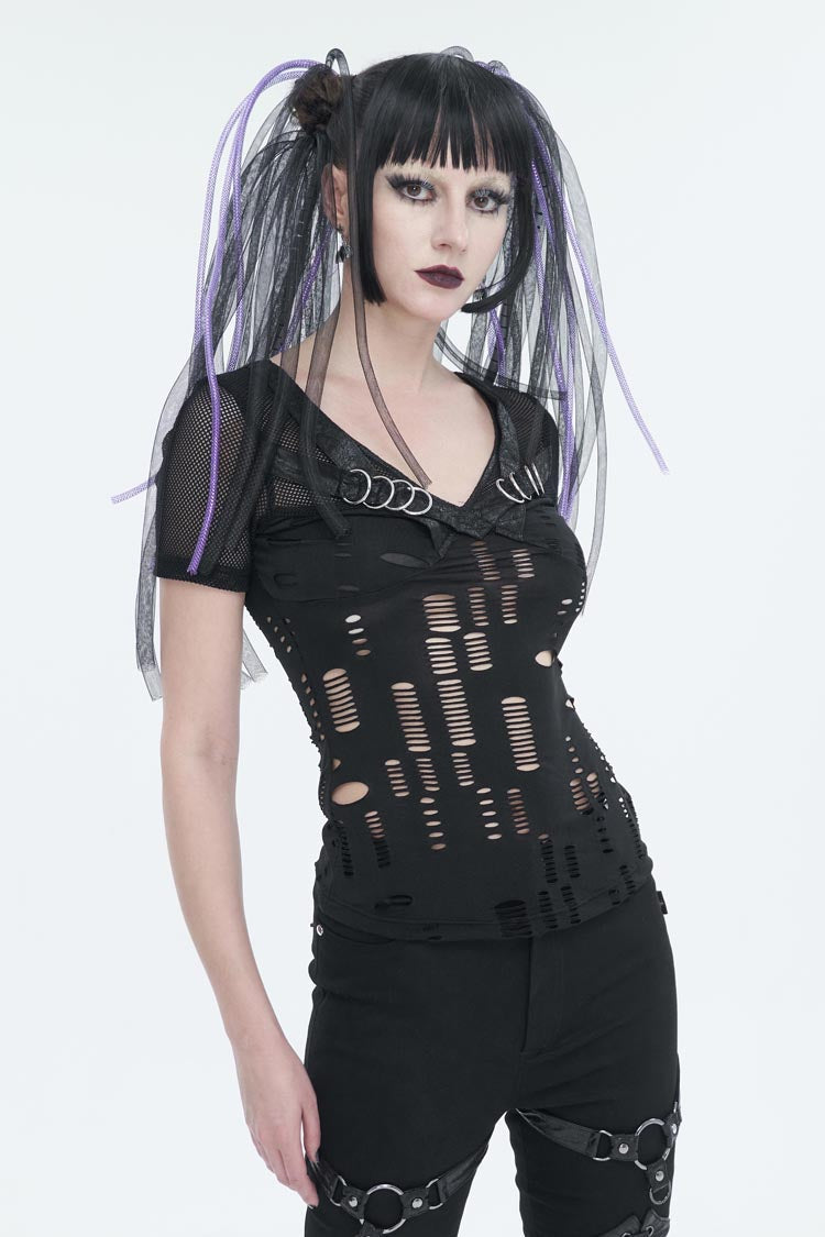 Destroyed Faux Leather Punk Tee with Metal Ring