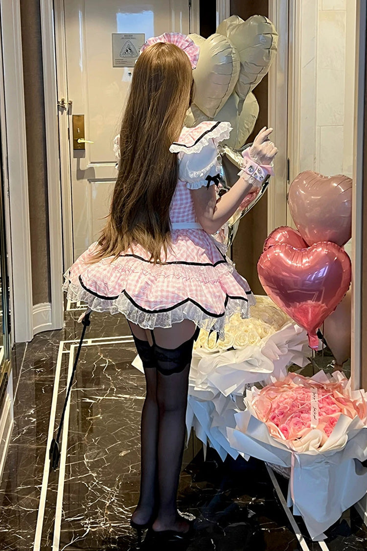 Sweet Lolita Maid Dress with Printed Ruffled Bow and Square Collar - Pink