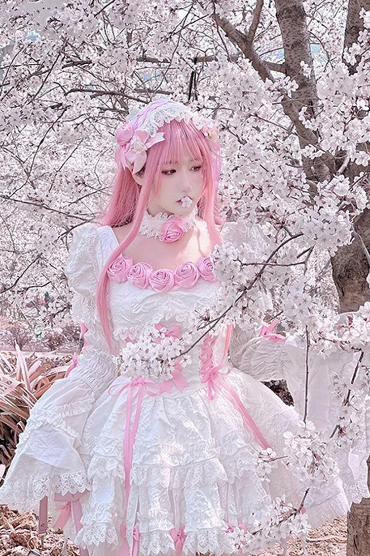 Ivory & Pink Puff-Sleeve Princess Gothic Lolita Tiered Gown