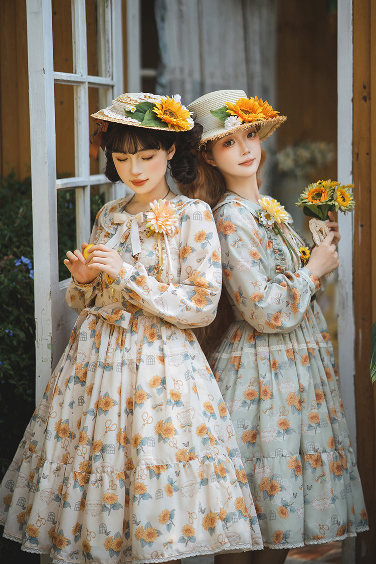 Apricot Sweet Elegant Lolita Dress with Long Sleeves Print Ruffles and Bowknot Accents