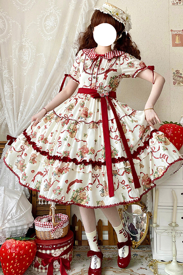 Bear Strawberry Garden Collar Short Sleeve Print Bow Sweet Lolita Dress