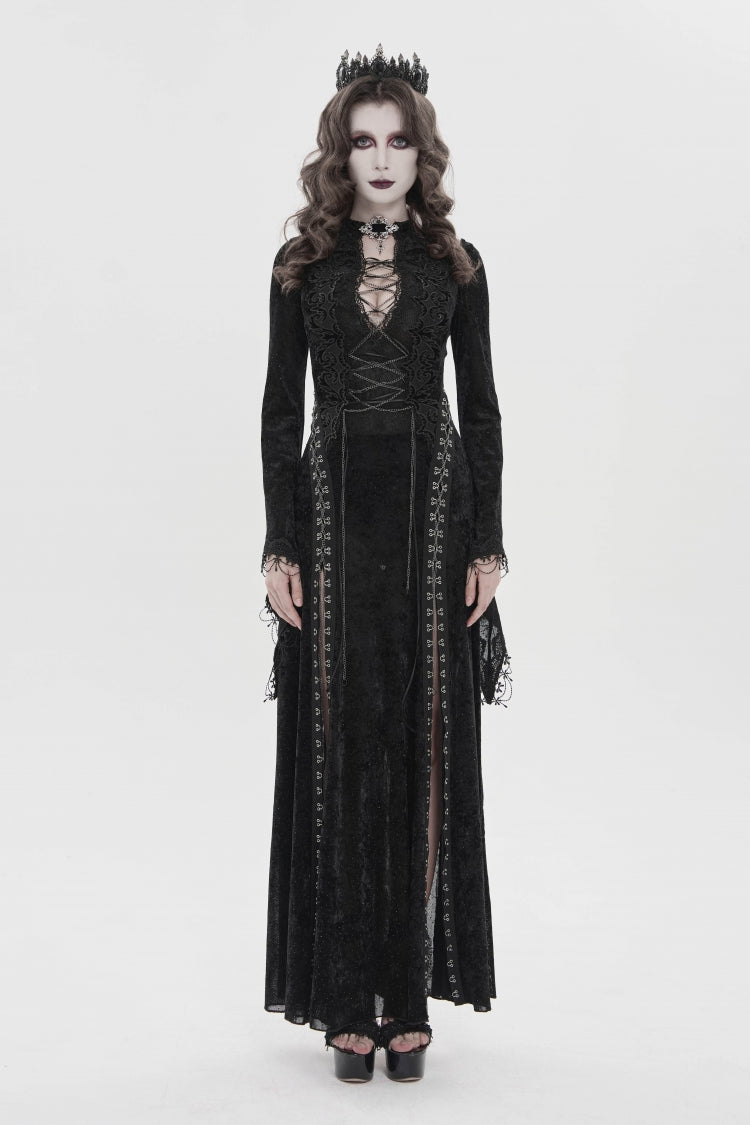 Dramatic Black Hanayome Lace Lace-Up Chain-Decorated Trumpet Sleeve Halter Gothic Plunging Split Maxi Gown