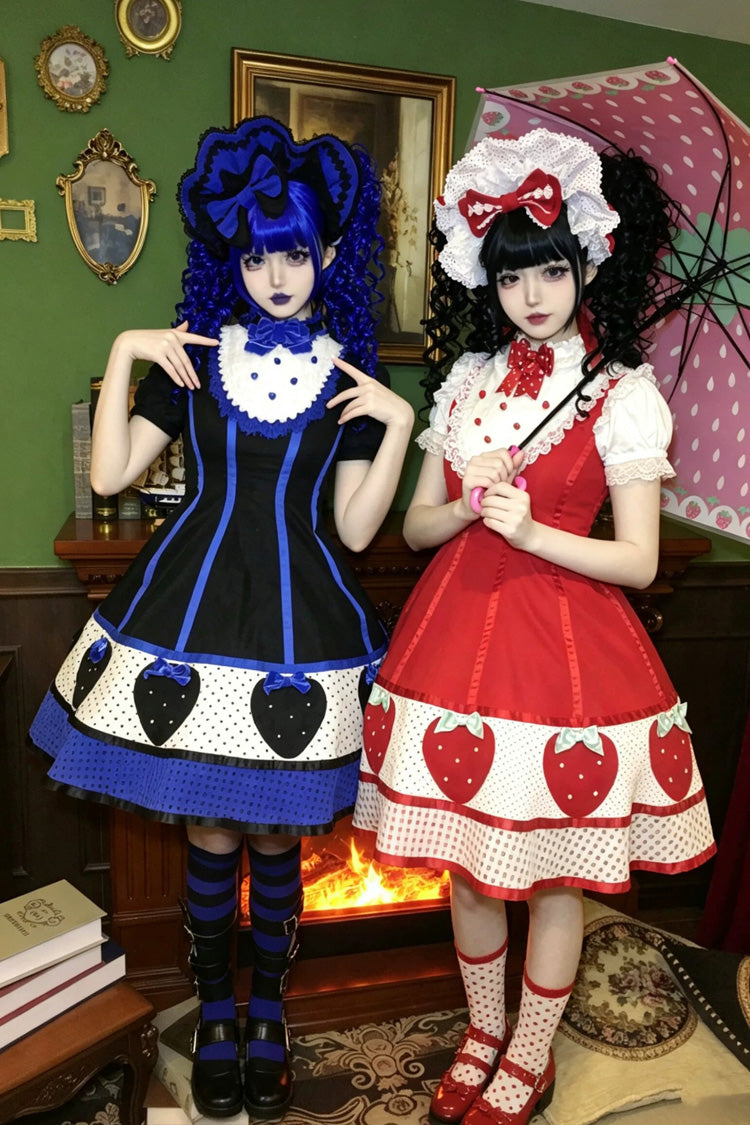Sweet Lolita Dress with Stand Collar and Bow - Miss Peculiar Strawberry, 2 Shades