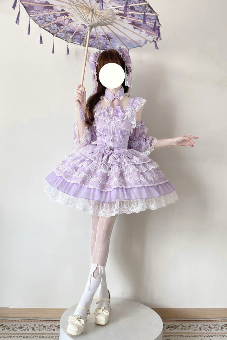 Violet Peach Rain Sleeveless Tiered Bow Lace Chinese Lolita JSK