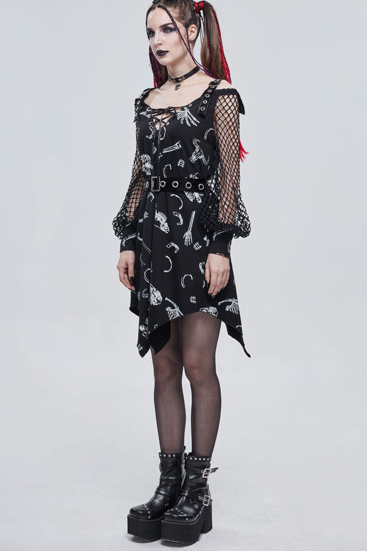 Knit Bone Print Sling Grommet Strap Long Sleeve Gothic Dress