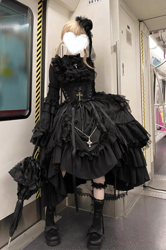 Black Eternal Taboo Long Hime Sleeves Ruffled Bow Gothic Skirt Dress Set
