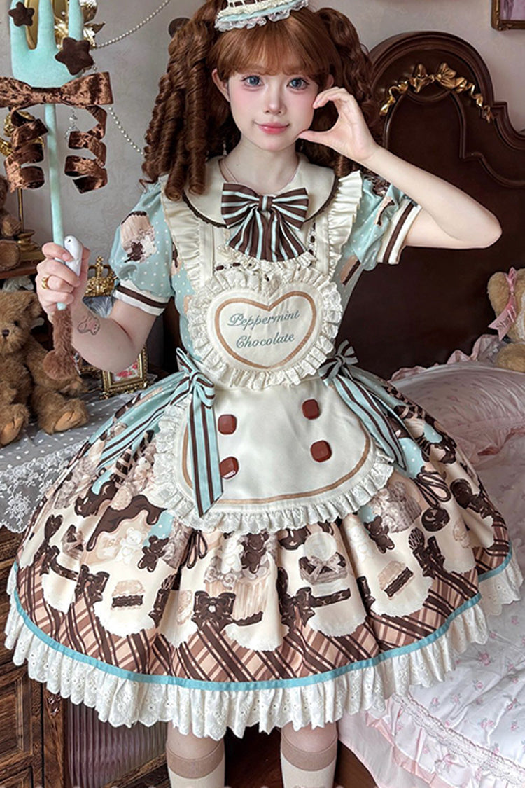 Brown Chocolate Cake Bear Print Ruffled Bow Lace-Up Sweet Dress - Peppermint Chocolate