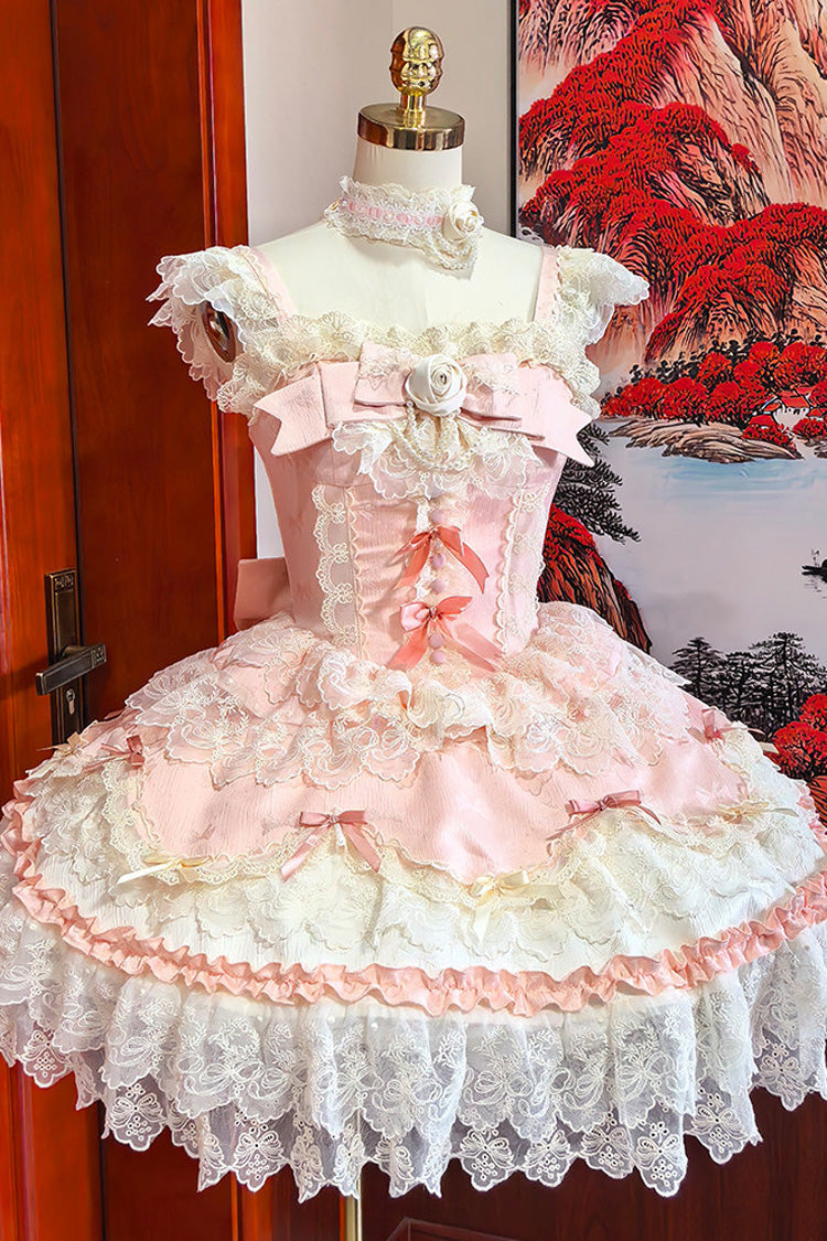 Pink Square Neck Ruffled Bow Lace Ballet Sweet JSK Dress - Rose Feather Romance