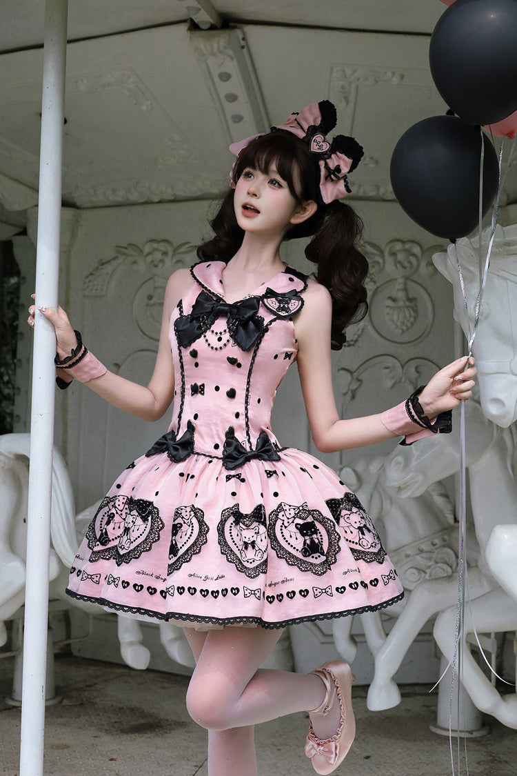 Pink Halterneck Sleeveless Embroidered Bow Sweet Dress - Sugar Bear