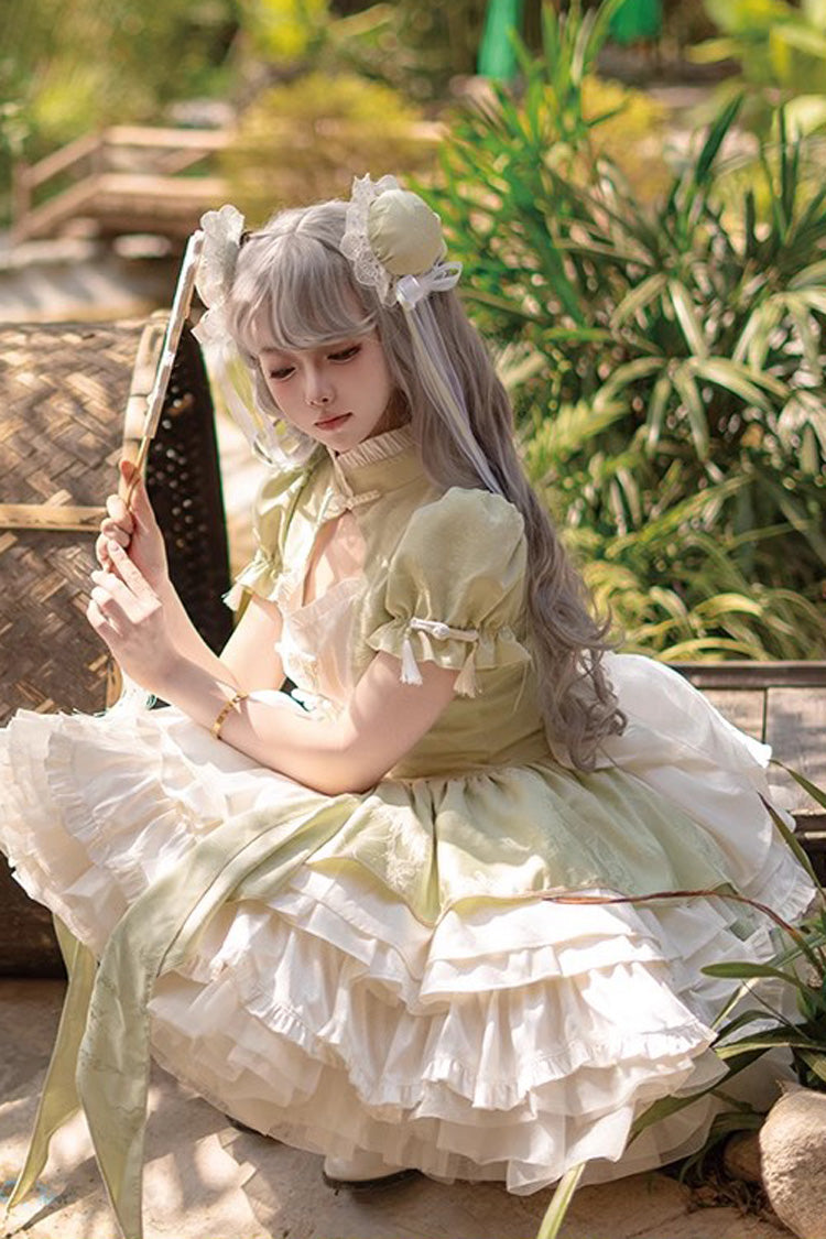Emerald Trumpet-Sleeve Chinese-Style Lolita JSK Set with Bow and Lace