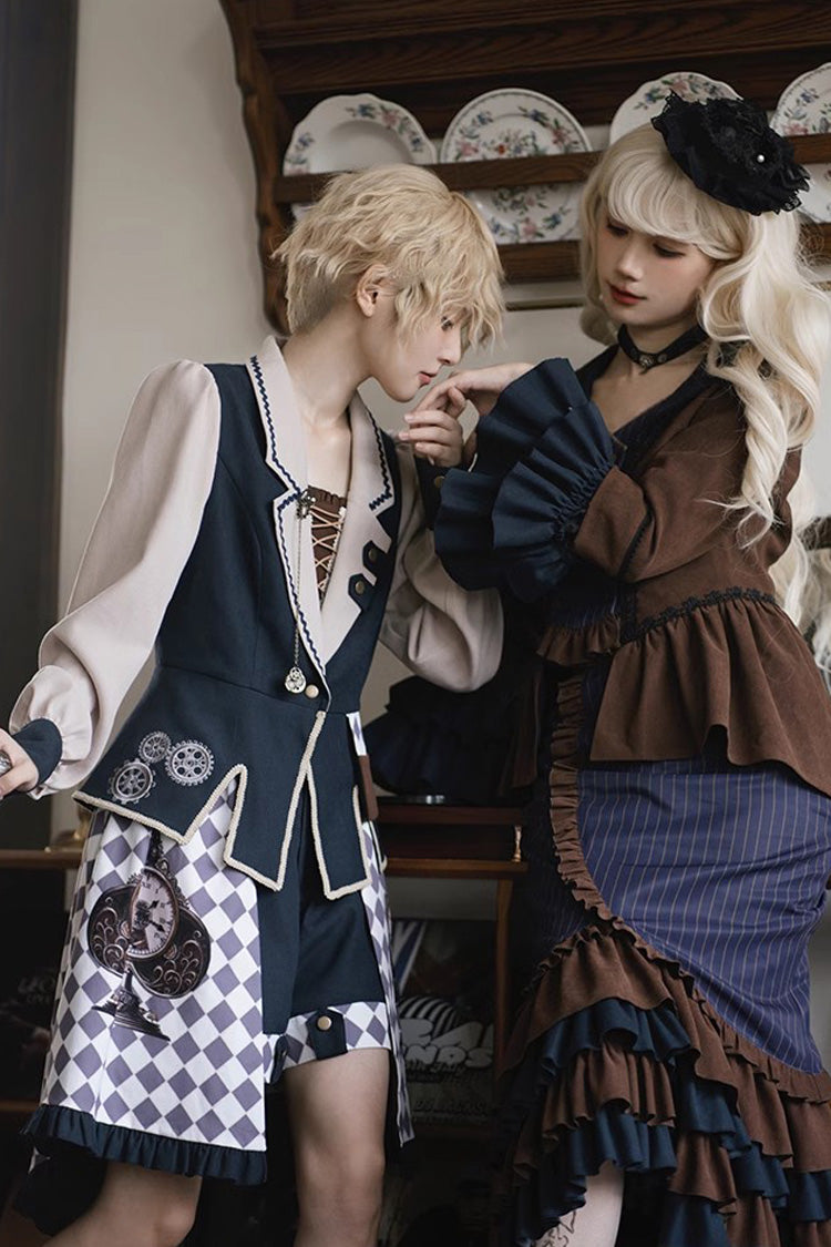 Blue Brown Time Traveler Long Sleeved Layered Printed Punk Mermaid Skirt Set