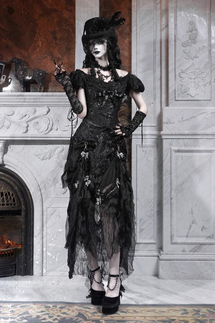 Ebony French Ruffle Embroidered Lace Long Skirt - Cupid’s Magic Box