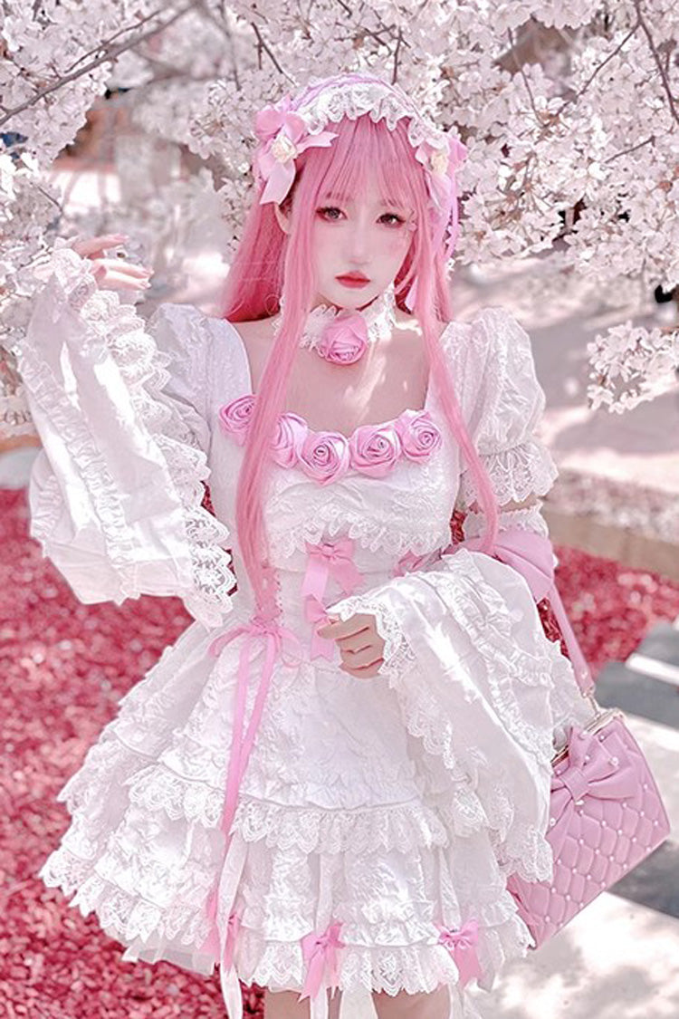 Ivory & Pink Puff-Sleeve Princess Gothic Lolita Tiered Gown