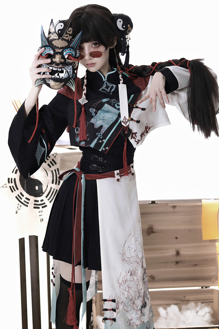 Multi-Color Asymmetric Chinese Ouji Skirt with Demon Print - Walking With The Demon